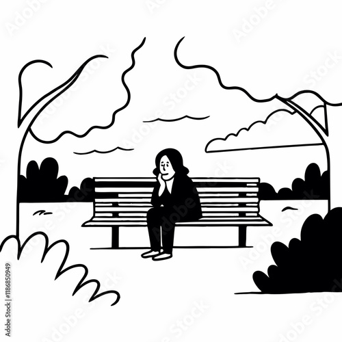 Lonely woman sits on park bench, contemplating.