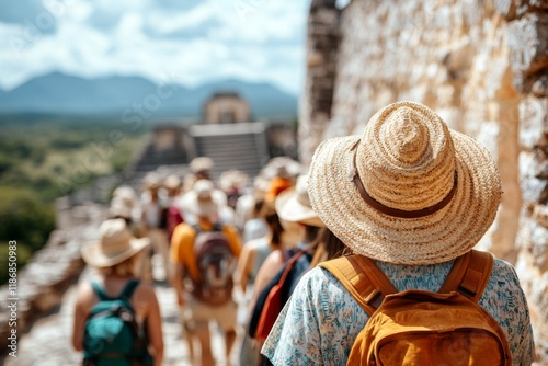 A group of tourists exploring the ancient Mayan ruins of Uxmal, with guides explaining the significance of the architecture