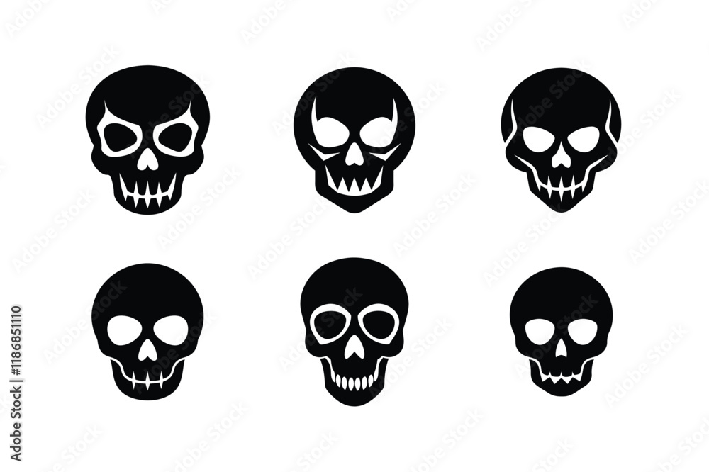 Set of Skull Icon Silhouette on White Background Set of Skull Icon Silhouette on White Background