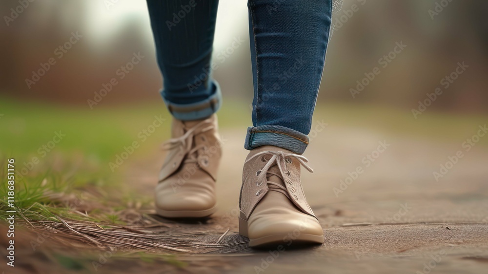 Person walking on a path, showcasing casual footwear in a serene outdoor environment Person walking on a path, showcasing casual footwear in a serene outdoor environment