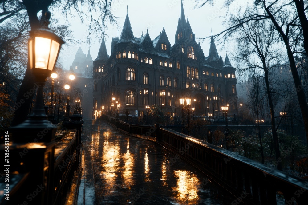 Naklejka premium A haunting view of the Chor Minor at night, with eerie shadows and faint moonlight reflecting off its towers