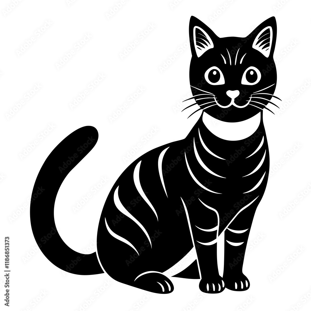 Fototapeta premium Black and White Silhouette of a Sitting Cat with a Collar