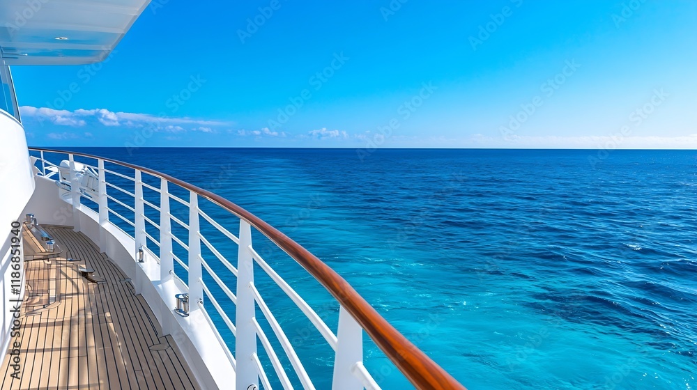 Fototapeta premium Luxury Cruise Ship Deck Overlooking Expansive Ocean Under Bright Blue Sky : Generative AI