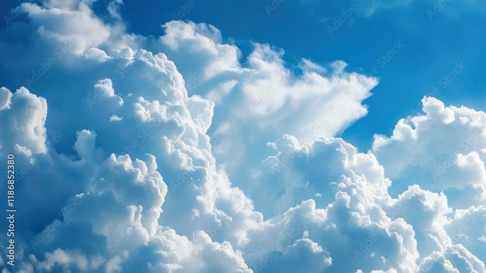 Naklejka premium Fluffy white clouds in a bright blue sky create a serene and peaceful atmosphere, ideal for nature and outdoor themes