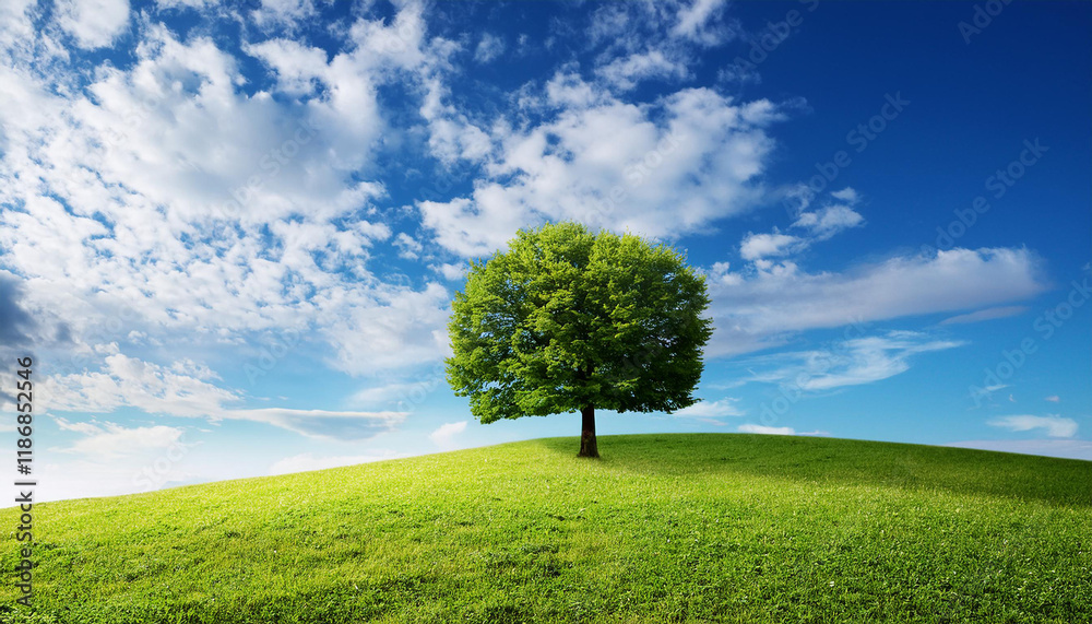 inexperienced tree on a grassy hill under a blue sky with fluffy clouds inexperienced tree on a grassy hill under a blue sky with fluffy clouds