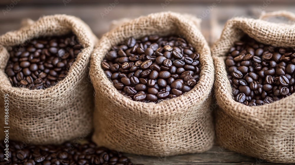 Fototapeta premium Rustic Burlap Bags Filled with Fresh Roasted Coffee Beans for Artisan Brewing : Generative AI