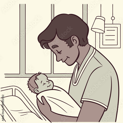 Happy Father Holds Newborn Baby in Hospital