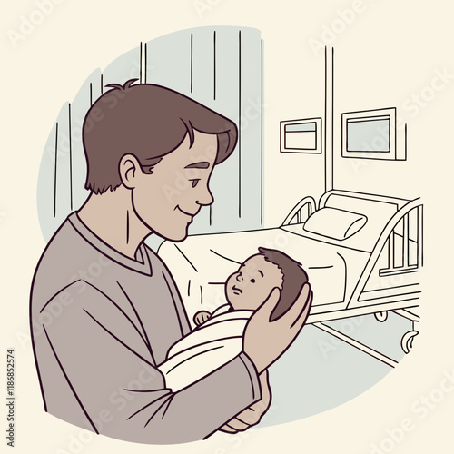 Happy Father Holds Newborn Baby in Hospital