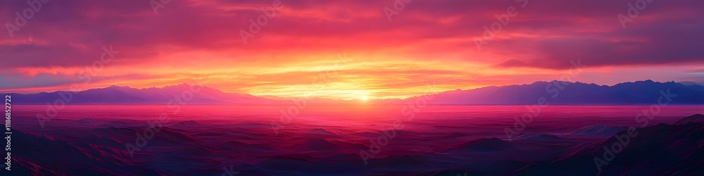 Fototapeta premium Aerial panorama of the endless salt flats glowing under vibrant sunset hues, with the rugged Andes mountains on the horizon, in 4K resolution