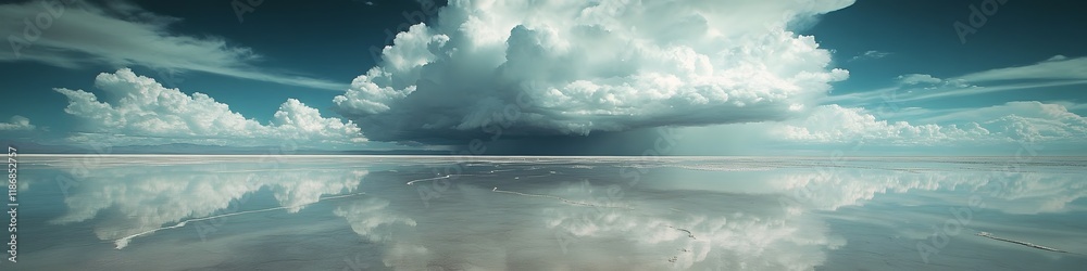 Obraz premium Wide-angle shot of a storm rolling across the flooded salt flats, with dramatic clouds reflected perfectly in the water, in 4K resolution