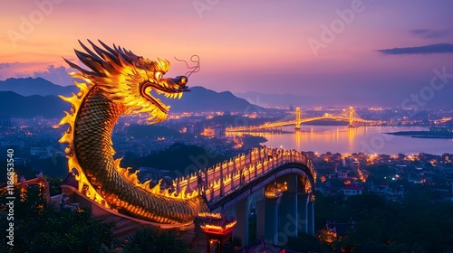 Illuminated Dragon Bridge Over Night Cityscape