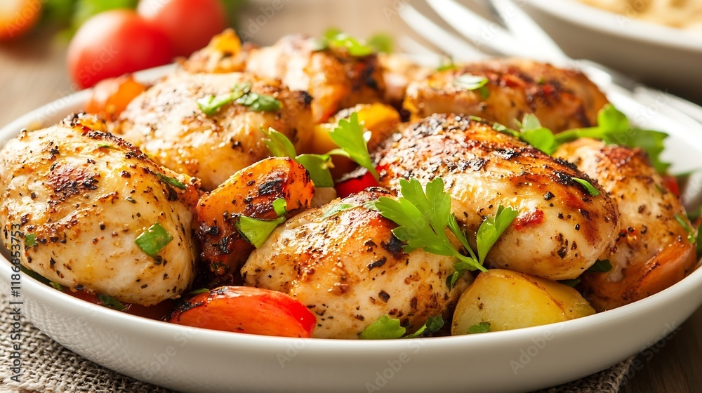 HerbCrusted Roasted Chicken Thighs with Vegetables on a Rustic Table Setting Focused on Flavorful Cuisine : Generative AI HerbCrusted Roasted Chicken Thighs with Vegetables on a Rustic Table Setting Focused on Flavorful Cuisine : Generative AI
