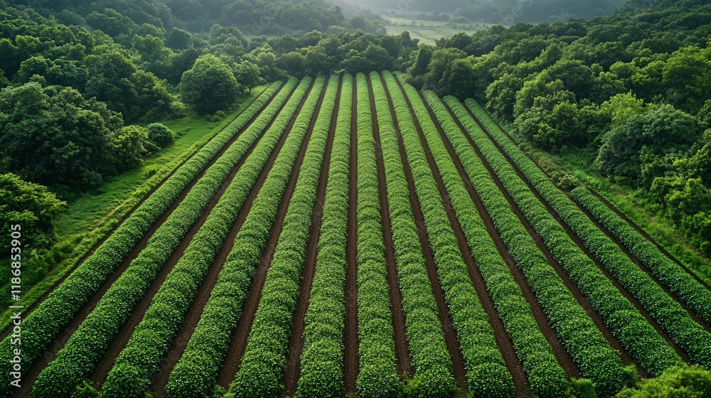 Fototapeta premium Aerial View of Lush Green Rows Planted Field