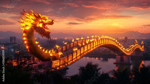Illuminated Dragon Bridge at Sunset Over Cityscape