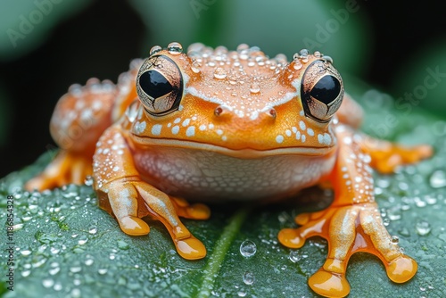 A colorful tree frog clinging to a branch under moonlight. Generative AI photo