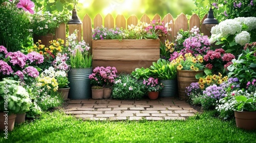 A vibrant community garden bursts with color!  Sun-drenched flowers in pots and wooden planters create a cheerful, peaceful atmosphere. Perfect for relaxation and community bonding.