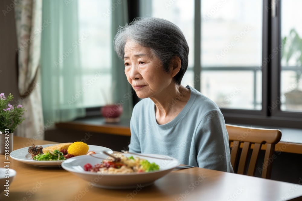 Sick Senior Woman with Anorexia-Cachexia Syndrome: Struggling with Eating and Lack of Nourishment Due to Dysphagia Disease Sick Senior Woman with Anorexia-Cachexia Syndrome: Struggling with Eating and Lack of Nourishment Due to Dysphagia Disease
