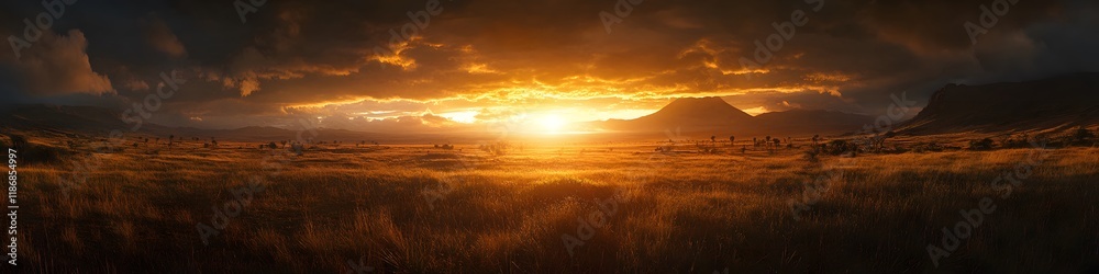 Obraz premium Panoramic view of the golden savannah glowing under the setting sun, with Mount Kilimanjaro standing tall against the fiery sky, in 4K resolution