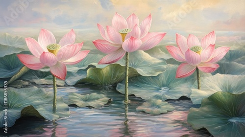 Beautiful lotus flower blossoming in the garden pond following a soothing rainfall
