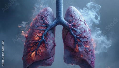 The lungs are depicted as being on fire, with smoke emanating from them. photo