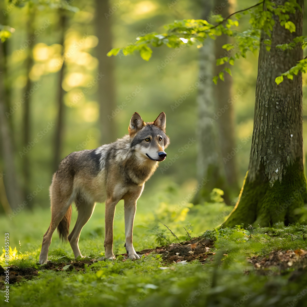 Obraz premium alert wolf facing camera in summer forest