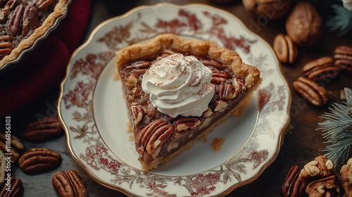 Southern Desserts: A slice of pecan pie topped with whipped cream, served on a vintage plate, surrounded by whole pecans and rustic decor, with warm, inviting lighting. photo