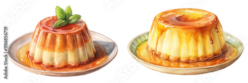 Creamy caramel flan, dessert presentation, vibrant colors, gourmet food styling, delicious treat, artistic illustration.