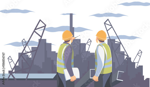 illustration of a foreman giving instructions in a building construction project suitable for use in property advertisements and development projects