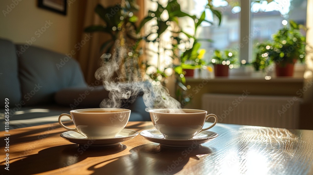 Two White Teacups Rest on Mahogany Table with Steam Rising in Cozy Room Two White Teacups Rest on Mahogany Table with Steam Rising in Cozy Room