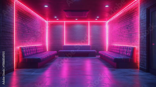 The concept of the future in interior design, furniture in neon lighting of the room relaxation room for employees of an IT company, relaxation area in a club Leather sofa in a room in cyberpunk style