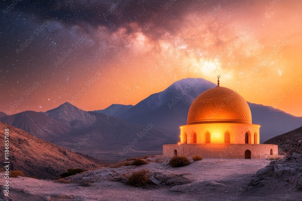Fototapeta premium A night view of the Bibi-Khanym Mosque with its glowing minarets under a starry sky