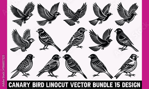 Canary Bird Linocut Vector Bundle - Artistic Black and White Engraved Graphics Perfect for Posters, Patterns, and Retro Nature-Themed Projects. 