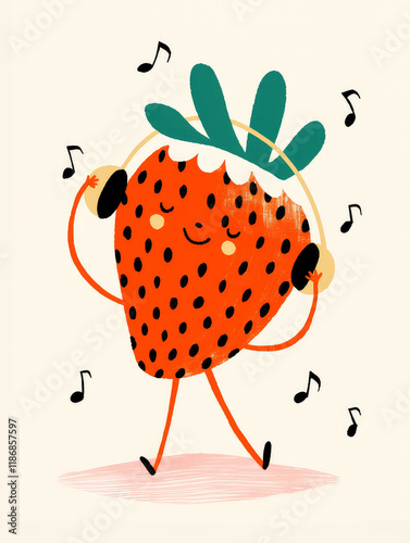 Happy strawberry wearing headphones, surrounded by playful music notes and vibrant fruit patterns, creating cheerful and modern atmosphere