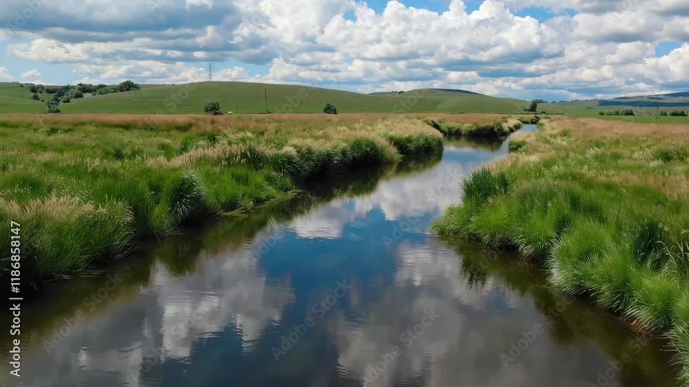 River flowing gently through a lush green valley, bordered by tall grass and wildflowers, under a bright sky with soft clouds.

