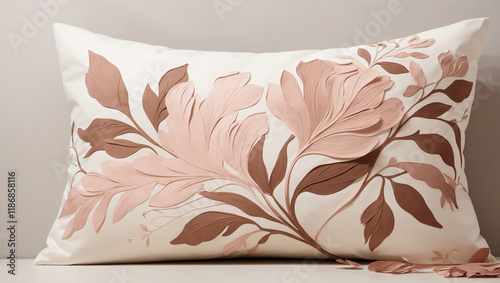 A rectangular throw pillow with a pink floral design is displayed. This illustrative image is uploaded to Adobe Stock.