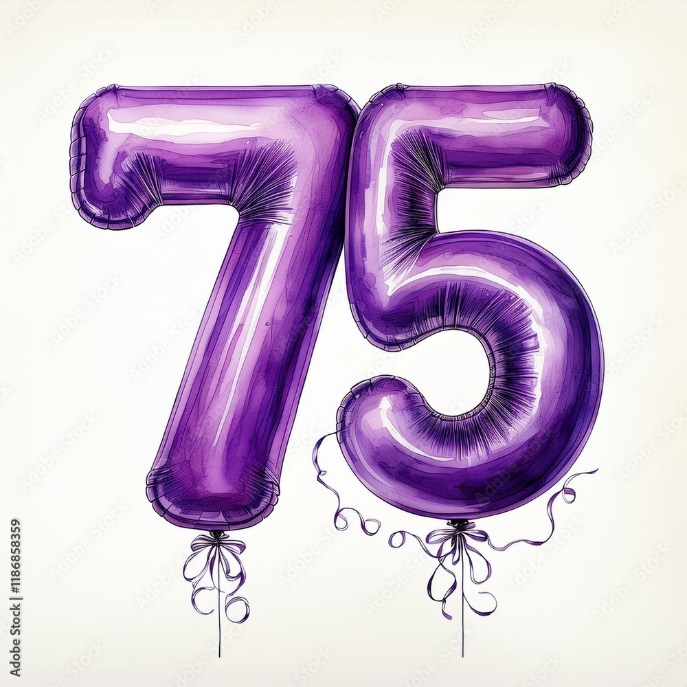 Purple birthday / anniversary party balloon, number 75, watercolor painting with white background