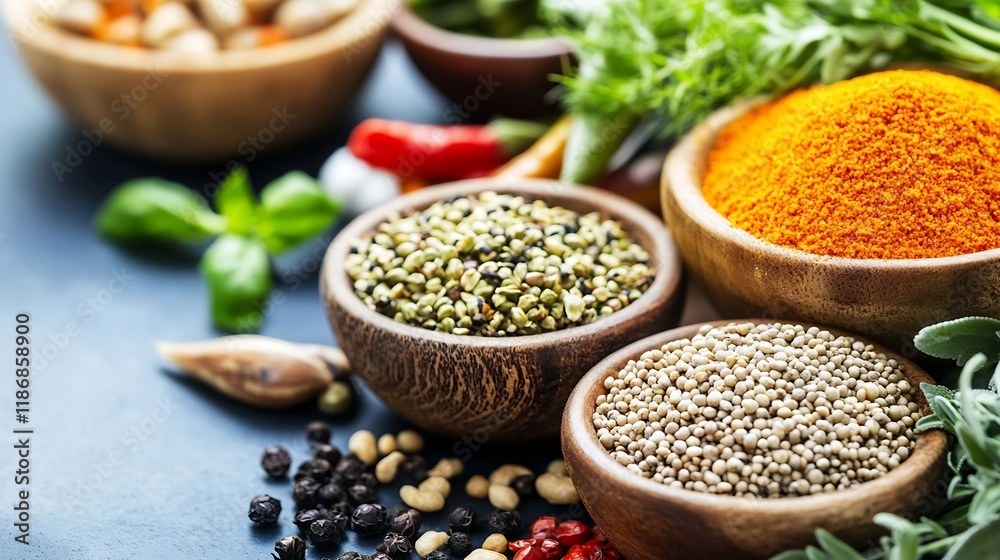 Assortment of spices in rustic wooden bowls on a kitchen counter highlighting vibrant colors and textures : Generative AI Assortment of spices in rustic wooden bowls on a kitchen counter highlighting vibrant colors and textures : Generative AI