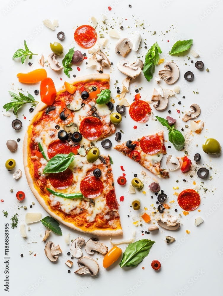 A playful portrait layout with a white background, featuring an explosion of pizza ingredients like pepperoni, olives, green peppers, mushrooms, and mozzarella cheese scattered across the frame. A playful portrait layout with a white background, featuring an explosion of pizza ingredients like pepperoni, olives, green peppers, mushrooms, and mozzarella cheese scattered across the frame.