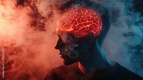 Silhouette of a man with a glowing red brain, surrounded by smoke in a moody atmosphere. photo