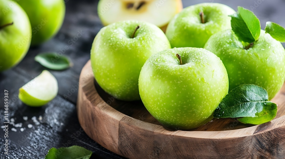 Fresh Granny Smith Apples with Water Droplets on Rustic Wooden Platter in Natural Light : Generative AI Fresh Granny Smith Apples with Water Droplets on Rustic Wooden Platter in Natural Light : Generative AI