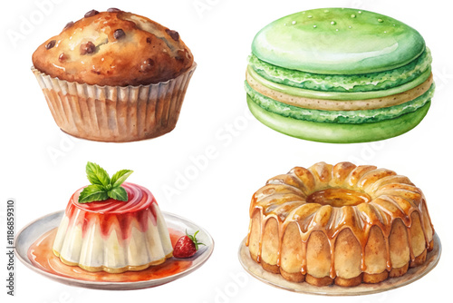 Delicious baked goods, colorful desserts, watercolor illustration, sweet treats, gourmet pastries, vibrant presentation, artistic food styling.