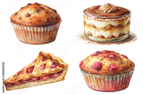 Delicious baked goods, watercolor illustrations, sweet desserts, muffins and pies, vibrant colors, food art, culinary creativity.