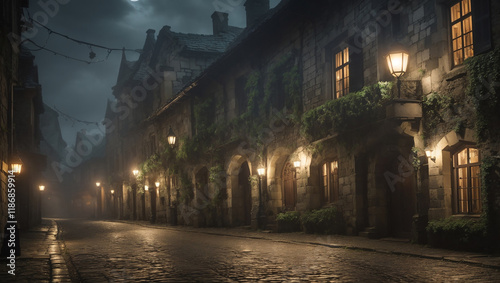 This image shows a dimly lit, cobblestone street at night, with buildings on each side. There are glowing streetlights and ivy growing on the walls, suggesting a historic setting.