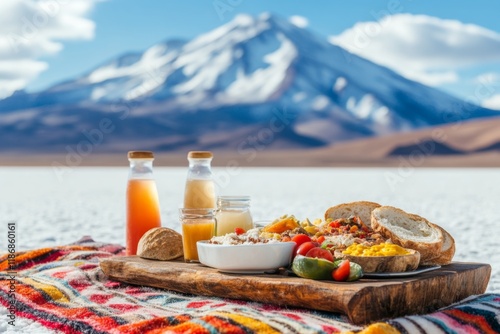 A picnic setup on the salt flats, with a colorful blanket and traditional Bolivian food contrasting against the white ground