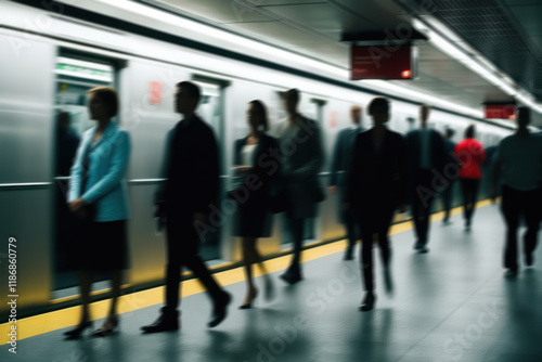 fast movement on the subway  blurry figures of passengers and bright lights of the station  creating a dynamic atmosphere of city life