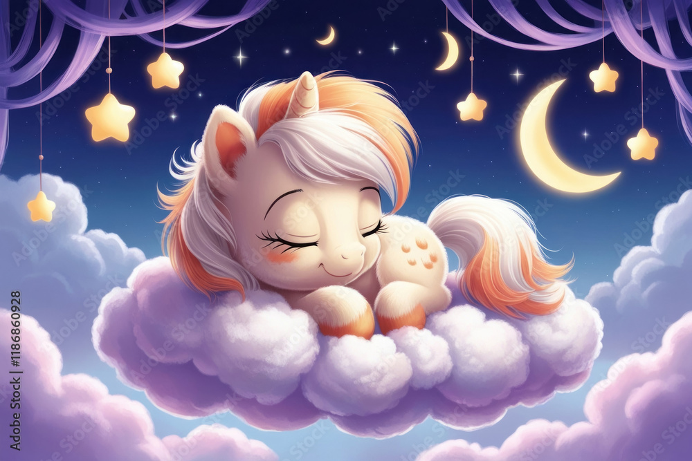 A charming pony, gently sitting on a cloud, symbolizes childhood dreams of magic and carefree happiness A charming pony, gently sitting on a cloud, symbolizes childhood dreams of magic and carefree happiness