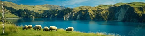Wide shot of sheep grazing on the lush green hills surrounding the lake, with dramatic cliffs and blue waters creating a cinematic backdrop, in 4K resolution