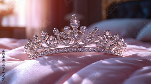 A Diamond Tiara Rests on Pink Silk