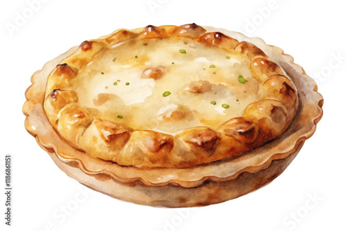 Delicious baked pie, golden crust, savory filling, watercolor illustration, food art, culinary design, rustic charm.