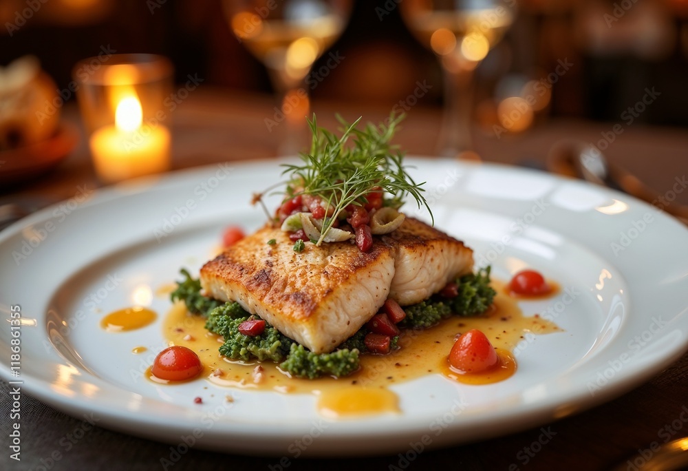 Gourmet grilled fish fillet served on a bed of greens with cherry tomatoes and a flavorful sauce Gourmet grilled fish fillet served on a bed of greens with cherry tomatoes and a flavorful sauce